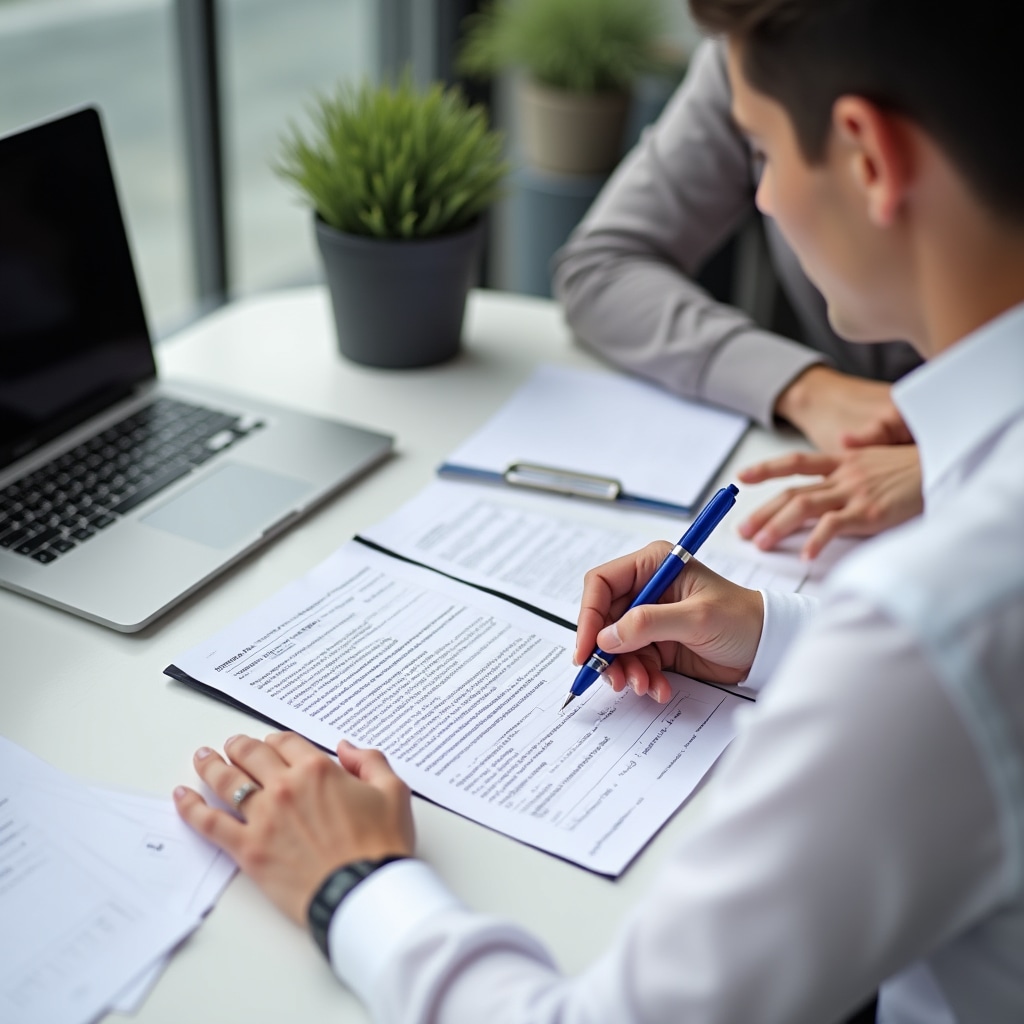 Entrepreneur reviewing business formalization documents with guide